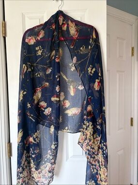 Navy Floral Lightweight Scarf with Birds